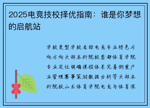 2025电竞技校择优指南：谁是你梦想的启航站