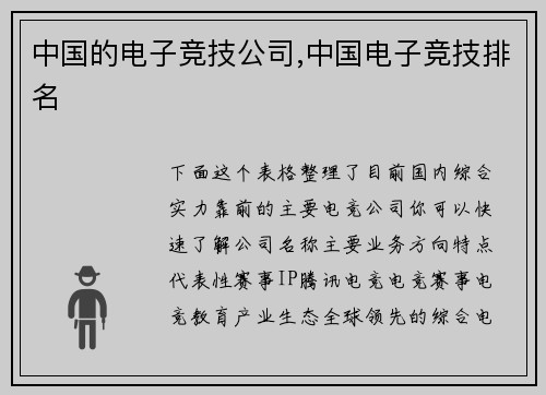 中国的电子竞技公司,中国电子竞技排名