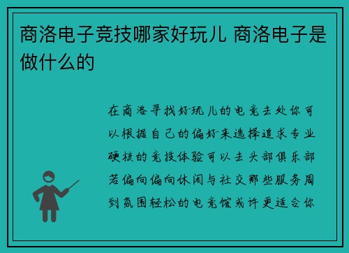 商洛电子竞技哪家好玩儿 商洛电子是做什么的