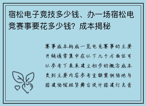 宿松电子竞技多少钱、办一场宿松电竞赛事要花多少钱？成本揭秘